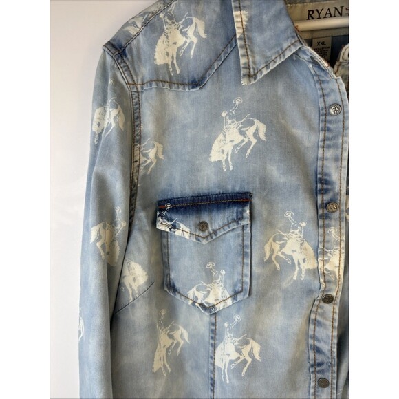 Ryan Michael Womens Light Denim Bucking Horse Print Snap Front Shirt XXL. Rare - Picture 2 of 11
